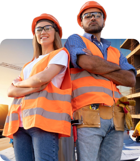 Técnicos con casco y chaleco de seguridad listos para trabajo en obra