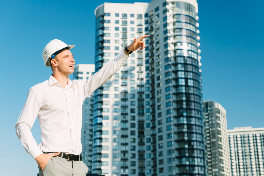 Profesional frente a edificios residenciales, mantenimiento de fachadas de edificios