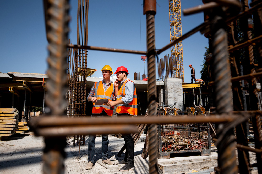 Técnicos con casco trabajando en una obra en construcción
